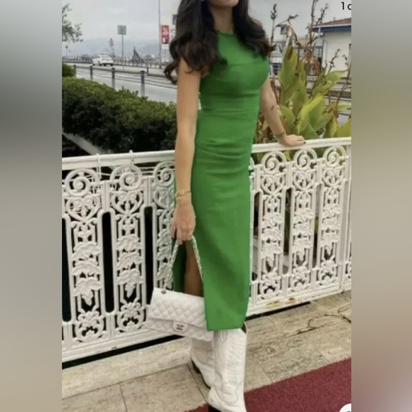 Zara Green Long Texture Fringe Weave Tweed Midi Pencil Bodycon Dress Size Medium - Picture 6 of 8